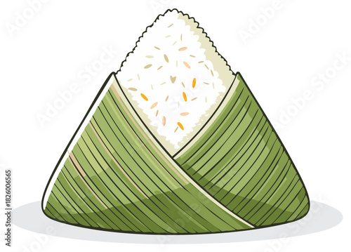 Triangle rice dumpling wrapped in green leaves, traditional Asian food illustration