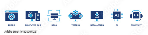 AI-Powered Support Icons set vector illustration blue with Error, Computer bug, Scan, Testing, Installation, Ai, Assistant