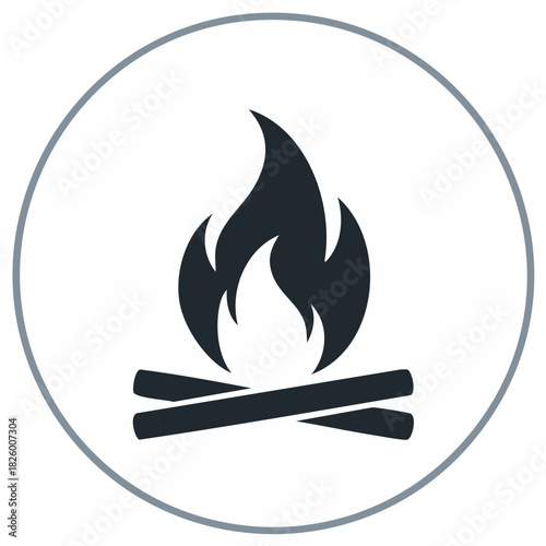Minimalist campfire icon with flames and logs in a circular graphic design element