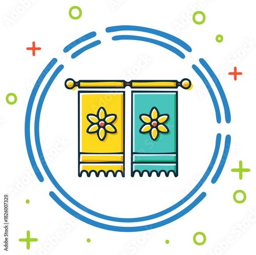 Colorful hanging towels with floral pattern on a rod vector icon illustration for home decor and spa