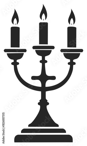 Silhouette illustration of a candelabra with three lit candles, flame.