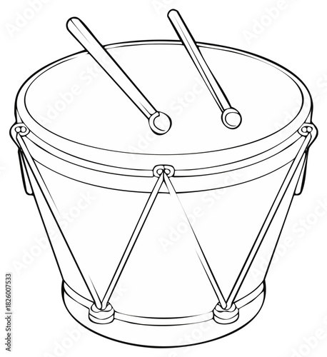 Line art illustration of a snare drum with two drumsticks resting on top