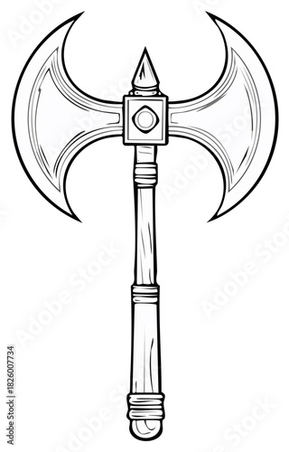 Outlined double headed battle axe illustration, medieval weapon drawing, fantasy warrior armament