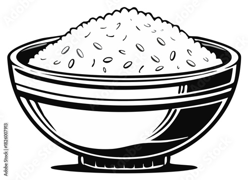 Bowl of white rice drawing. Healthy food concept illustration