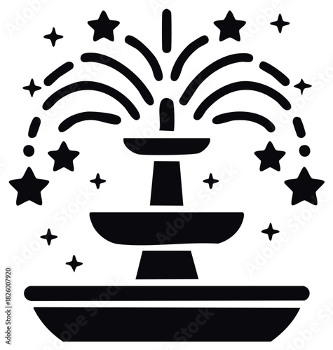 Stylized tiered fountain icon with sparkling water and festive stars celebration symbol
