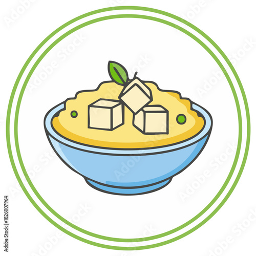 Illustration of Tofu Scramble in Bowl, Vegetarian Food with Cubes and Garnish in Green Circle Frame