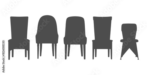 CAD drawings of multiple dining chair silhouette styles in front view — straight back dining, curved-back, upholstered dining, wooden slat back, minimalist metal frame. Vector illustration