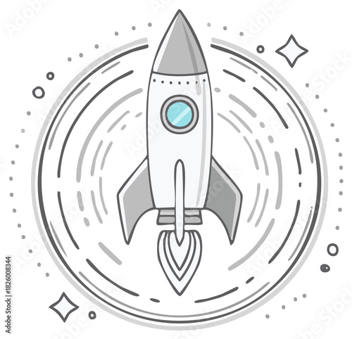 Stylized cartoon rocket launching with motion lines in a circle representing startup innovation and success