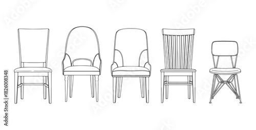 CAD drawings of multiple dining chair styles in front view — straight back dining, curved-back, upholstered dining, wooden slat back, minimalist metal frame. Vector illustration