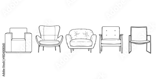 CAD drawings of multiple modern armchair designs in front view — minimalist block, curved contemporary, cushioned lounge. Vector illustration