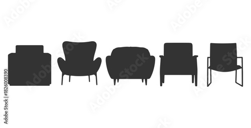 CAD drawings of multiple modern armchair silhouette designs in front view — minimalist block, curved contemporary, cushioned lounge. Vector illustration