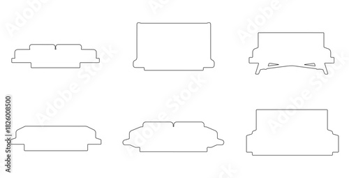 CAD drawings of various modern bed outline designs in front view — platform, upholstered headboard, wooden frame, low-profile modern, minimalist slab. Vector illustration