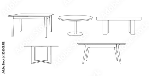 CAD drawings of various table designs in front view — rectangular dining table, round, minimalist plank, metal-frame modern, Scandinavian wooden. Vector illustration