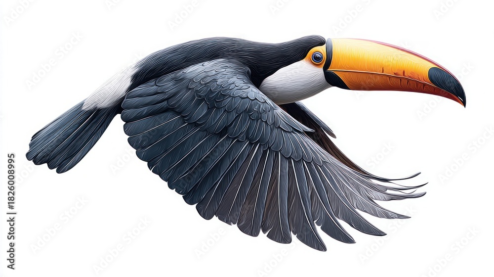 Naklejka premium A vibrant toucan in flight against a clean white background, perfect for design