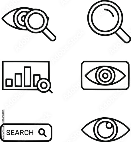 Preview and Search Outline Icon Set  Eye, Magnifying Glass, and Analytics SymbolsPreview and Search Outline Icon Set  Eye, Magnifying Glass, and Analytics Symbols
