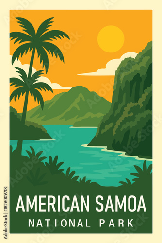 American Samoa National Park Art, Travel Poster Clipart, Vintage USA Park Illustration, Retro Landscape Art, American Samoa Wall Decor ClipArt
