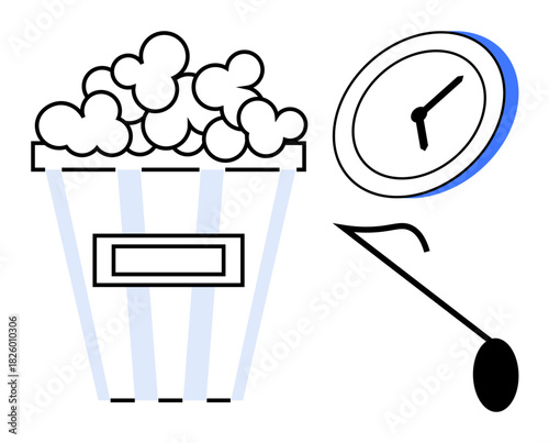 Popcorn bucket, clock, and spoon symbolizing leisure, quick snack, time management, breaks, relaxation, entertainment and casual dining. Ideal for food themes fun moments symbolic flat metaphor