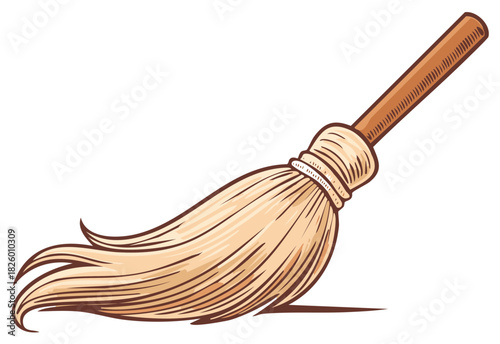 Cartoon illustration of a broom with a wooden handle for cleaning and sweeping