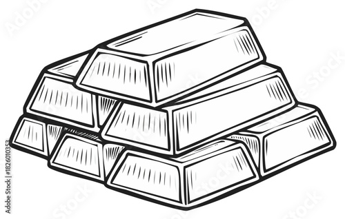 Stack of gold bars in black and white sketch style
