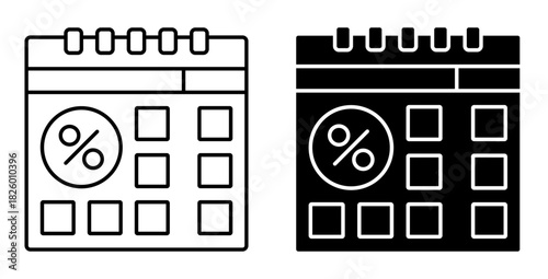 Linear icon. Loan payment percentage sign on a calendar with a bank debt reminder. Simple vector isolated on white background