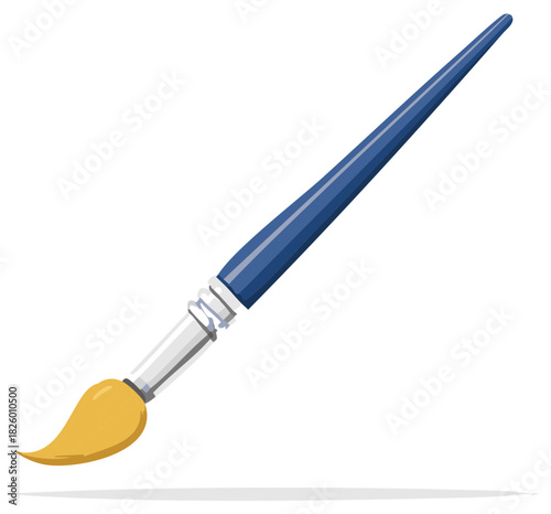 Single Blue Handle Paintbrush with Yellow Bristles Isolated on White
