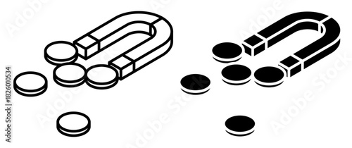 Linear isometric icon. Magnet attracts coins and provides a bonus for successful transactions. Simple vector isolated on white background
