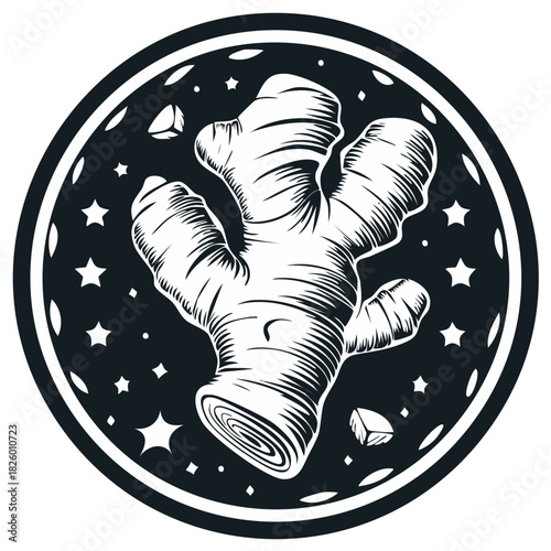 Stylized Ginger Root Emblem with Celestial Elements and Gemstones