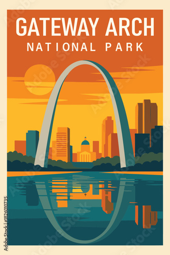 Gateway Arch National Park Art, Travel Poster Clipart, Vintage USA Park Illustration, Retro Landscape Art, Gateway Arch Wall Decor ClipArt
