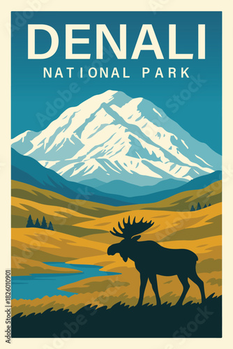 Denali National Park Art, Travel Poster Clipart, Vintage USA Park Illustration, Retro Landscape Art, Denali Wall Decor ClipArt
