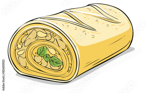 Baked cheese and basil stromboli appetizer loaf hand drawn cartoon vector illustration