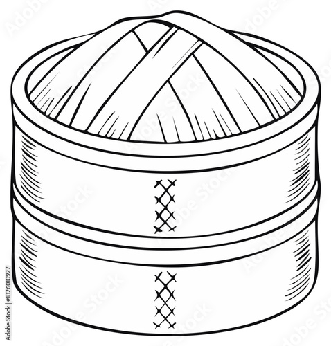 Asian Cooking Utensil Black and White Illustration Two Tiered Food Steamer Bamboo Steamer