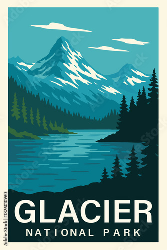 Glacier National Park Art, Travel Poster Clipart, Vintage USA Park Illustration, Retro Landscape Art, Glacier Wall Decor ClipArt
