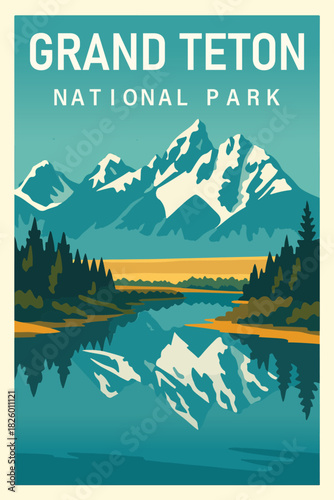 Grand Teton National Park Art, Travel Poster Clipart, Vintage USA Park Illustration, Retro Landscape Art, Grand Teton Wall Decor ClipArt
