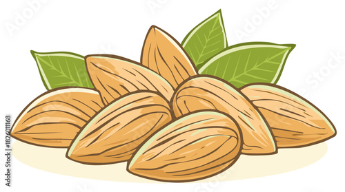 Vector illustration of a pile of shelled almond nuts with fresh green leaves