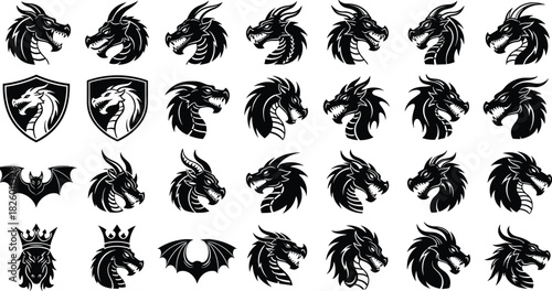 Dragon head vector icon set, black fantasy creature silhouettes, tribal tattoo style, mythical beast emblems, heraldic graphic pack, medieval-themed artwork