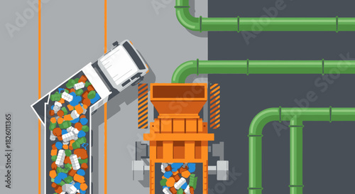 A truck unloads colorful plastic waste into an industrial shredder, illustrating the vital process of recycling and sustainable waste management at a modern facility.