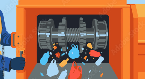 An industrial machine efficiently processes various plastic waste items, including bottles and bags, for recycling and environmental conservation efforts.