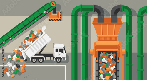 An illustrative depiction of a modern waste management facility where a truck unloads various materials for processing and environmental recycling.