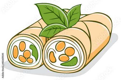 Spring Rolls Illustration with Vegetables and Fresh Basil Leaves Asian Cuisine Appetizer Food Icon
