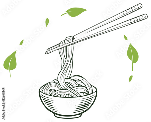 Stylized line art illustration of chopsticks pulling noodles from a bowl with flying green leaves