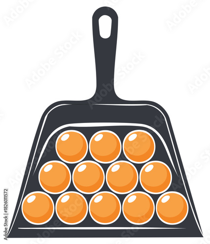 Creative concept of a dustpan holding a rack of orange ping pong balls vector logo
