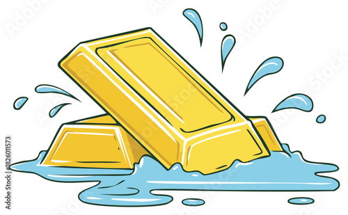 Cartoon Illustration of Gold Bars Surrounded by Water Splashes, Symbol of Wealth and Luxury