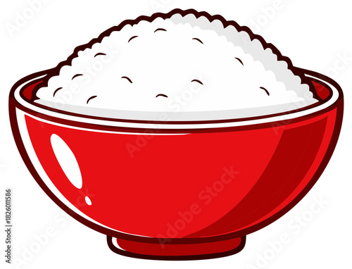 Bowl of fluffy white rice illustration in a red bowl with brown edges, Asian cuisine, carb food