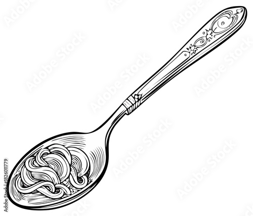 Vintage spoon with spaghetti pasta hand drawn black and white illustration