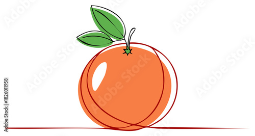 Stylized Orange Fruit Illustration, Leaves, Single Line Art, Citrus, Artistic Design, Vitamin C