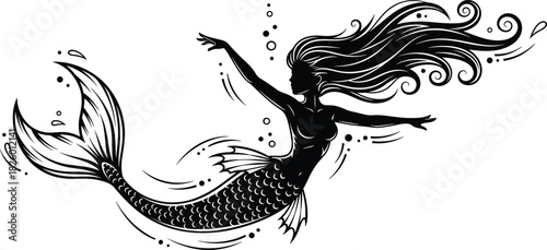 Dynamic black silhouette of a swimming mermaid vector illustration, fantasy sea creature with scales, elaborate tail, long flowing hair, and abstract water elements design on a white background