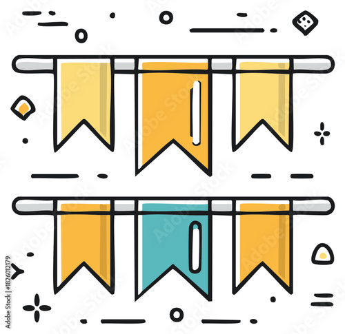 Cheerful Doodle Style Bunting Flags, Celebration Decorations and Party Elements with Hand Drawn Style for Festive Invitations and Designs