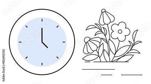 Clock face with minimalist design next to outlined blooming flowers and leaves. Ideal for themes of time, growth, nature, sustainability, balance, mindfulness, life cycle, simple flat metaphor