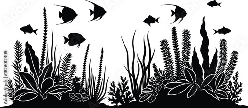 aquarium, underwater, freshwater, silhouette, fish, plants, nature, aquatic, ecosystem, tank, coral, leaf, design, vector, black, white, biodiversity, environment, illustration, swimming