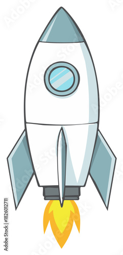 Cartoon Spaceship Blasting Off With Flames Illustration Retro Style Adventure Concept